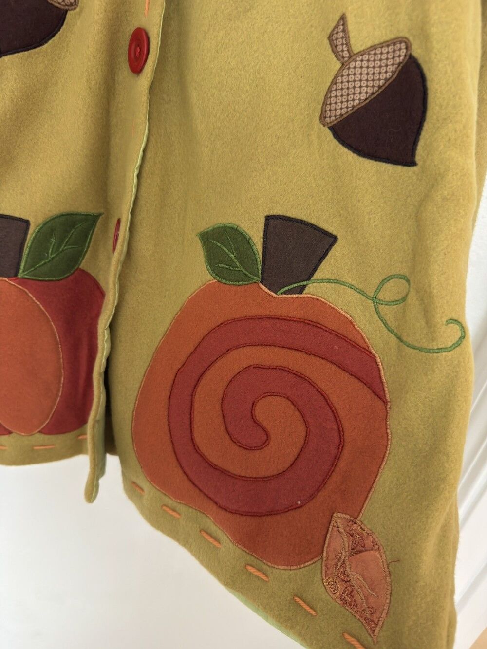 VTG 90s Y2K Autumn Pumpkin Leaf Applique Fleece Jacket Mustard Cardigan L Lined - Picture 14 of 16
